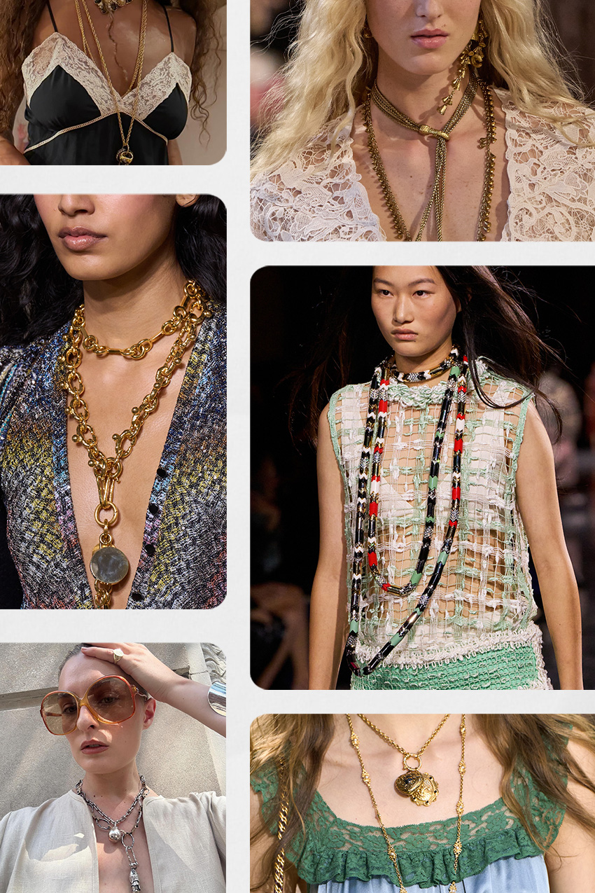 Jewelry trends for 2026 is shown in a collage of the long layered necklace trend
