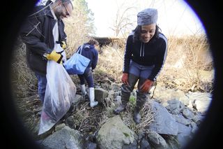 Lisa Hoffman assisting with a river cleanup project.