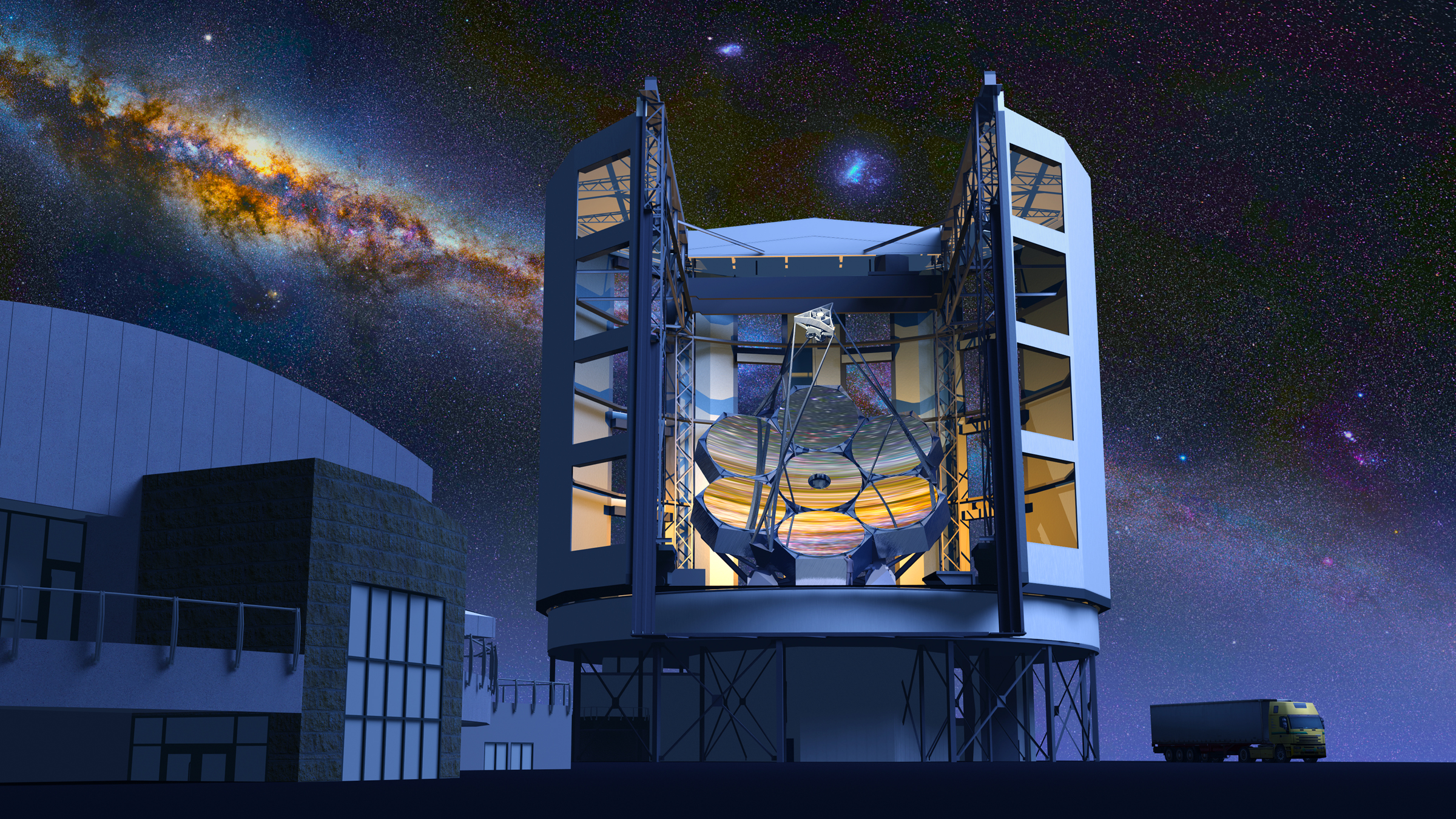 An artist's illustration of the completed Giant Magellan Telescope atop Las Campanas Peak in Chile's Atacama Desert. The 82-foot (24.5-meter) telescope will be one of the largest on Earth when it is completed in 2018.