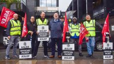 Mick Whelan (C), General Secretary of ASLEF (Associated Society of Locomotive Engineers and Firemen) union, joins the picket outside Euston Station as train drivers stage a fresh round of strikes over pay. London, May 2024