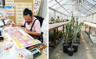 Left, Murakami sketches and makes corrections on transparent vinyl sheets and Right, the studio’s impressive cactus garden