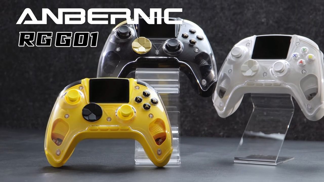 The three colorways of the Anbernic RG G01 next to one another