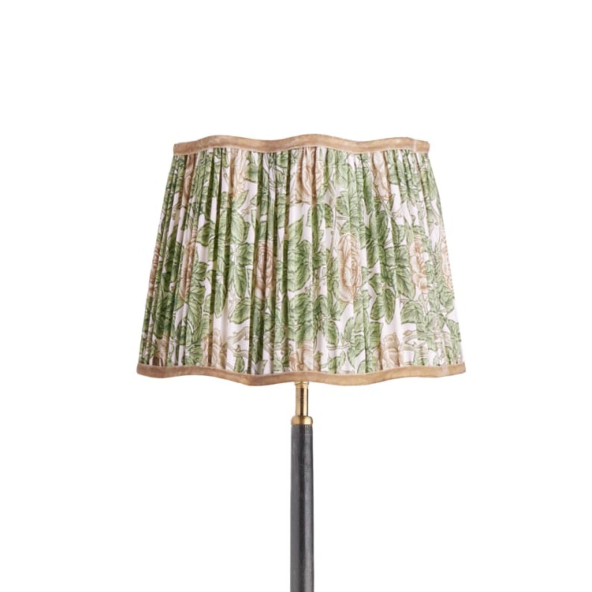 Ruffled lampshade in leafy pink and green print