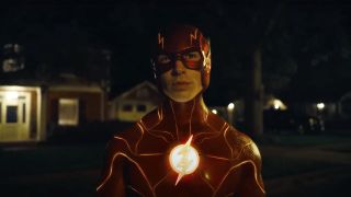 Ezra Miller suited up as The Flash