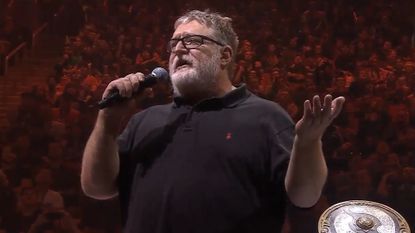 Gabe Newell speaking at Dota tournament