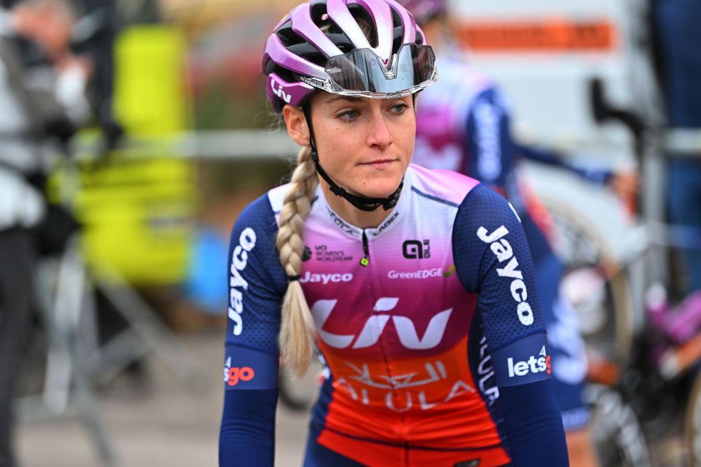 BORRIOL SPAIN FEBRUARY 16 Urska Zigart of Slovenia and Team LIV AlUla Jayco prior to 8th Setmana Ciclista Volta Comunitat Valenciana Femines 2024 Stage 2 a 117km stage from Borriol to La Vall dUixo on February 16 2024 in Borriol Spain Photo by Luc ClaessenGetty Images