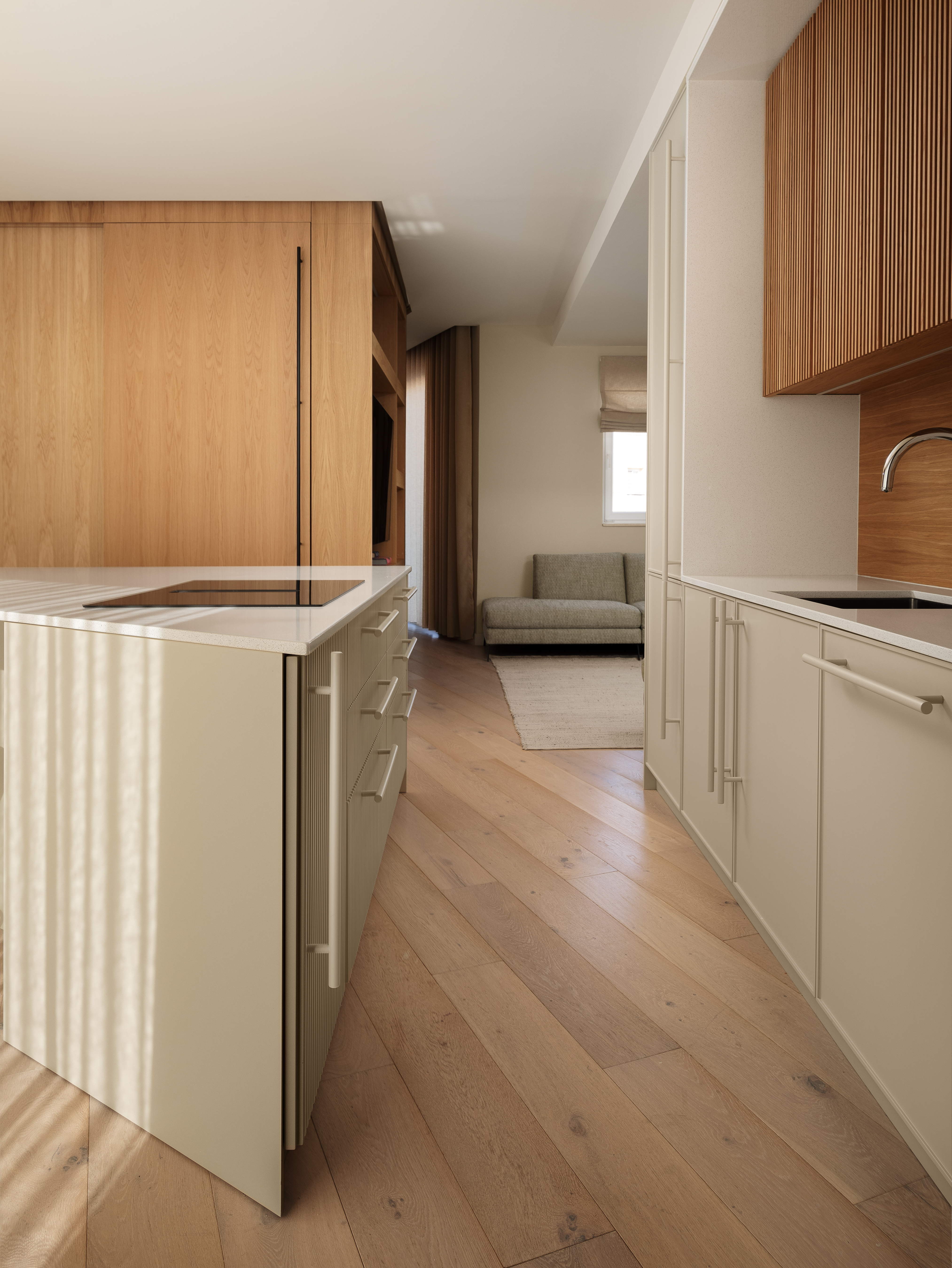 A kitchen island designed in a triangular shape