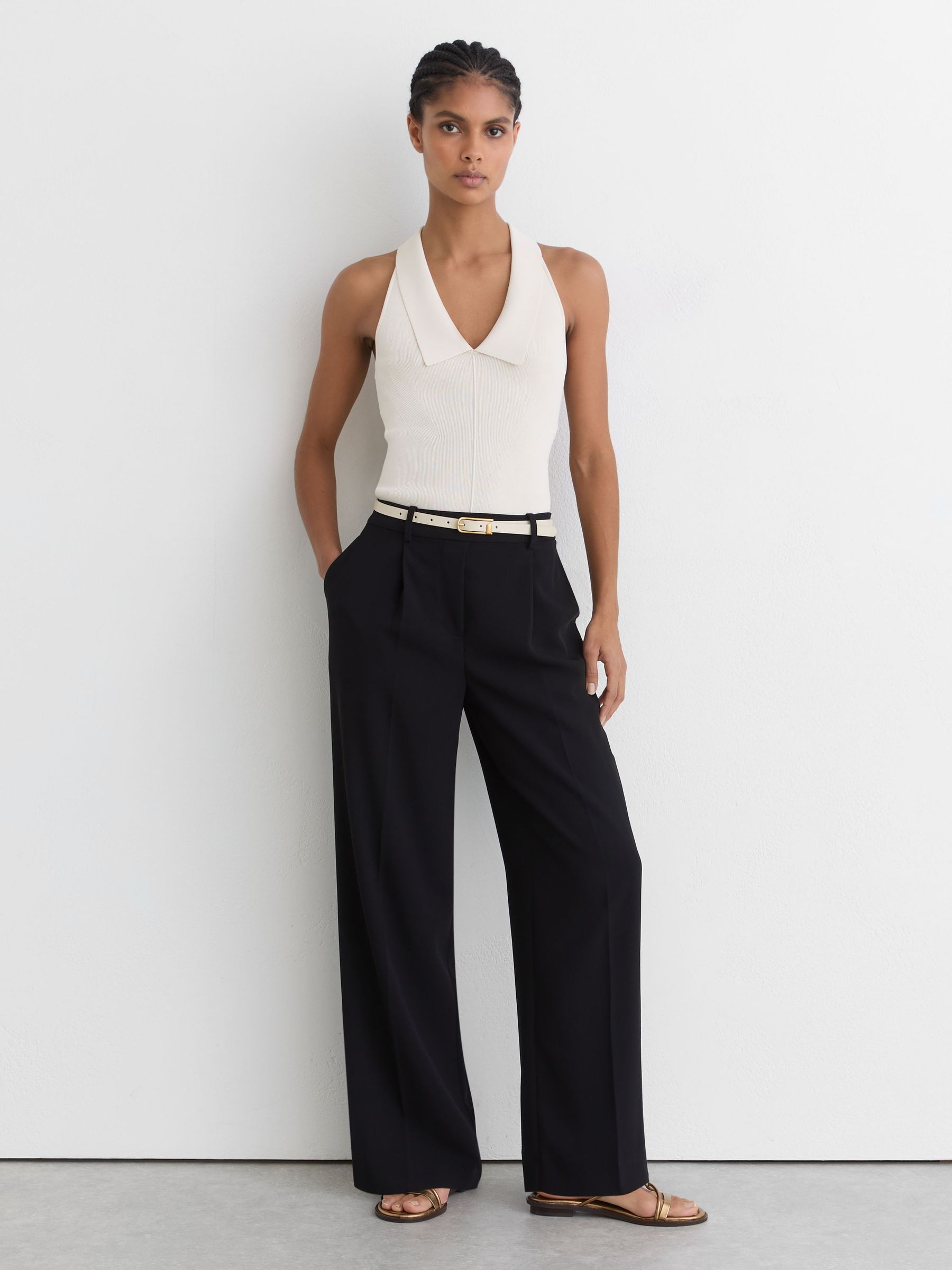 Elastic-waist wide-leg twill trousers in black