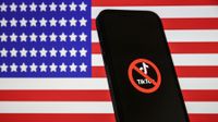 American flag and TikTok logo with a ban sign on it