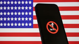 American flag and TikTok logo with a ban sign on it