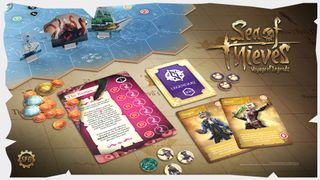 A collection of components from Sea of Thieves: Voyage of Legends on a plain background in the style of a pirate map, with standees for the kraken and numerous ships visible