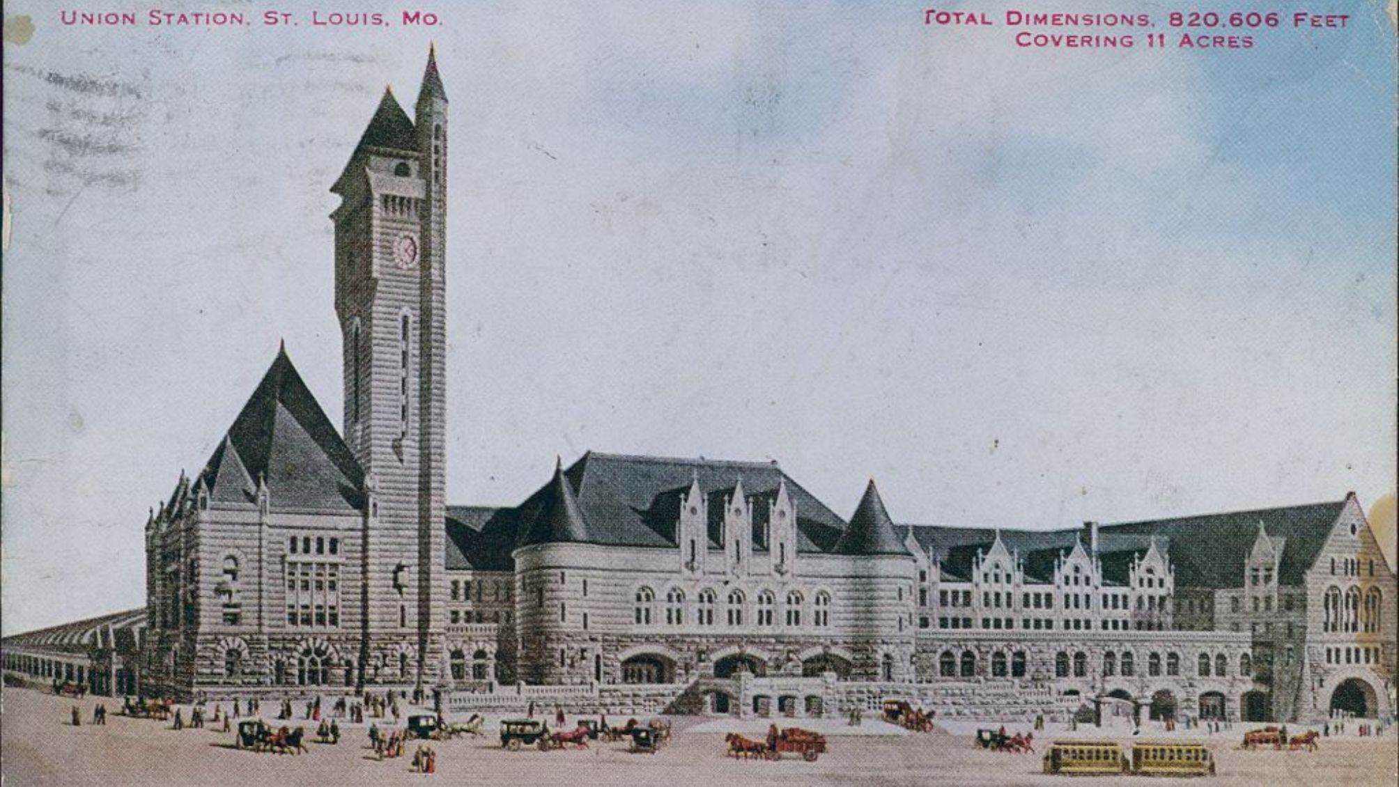 Postcard of the clock tower and exterior of Union Station with horse-drawn vehicles in the street, St. Louis, Missouri.