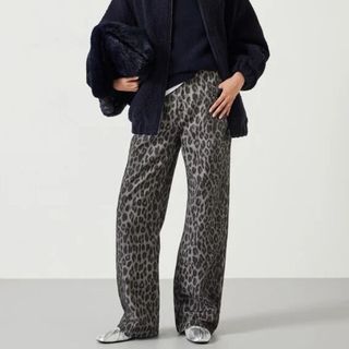 Leopard Wide Leg Jeans on model 