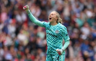 Hannah Hampton of Chelsea celebrates victory after The Adobe Women's FA Cup Final match between Chelsea and Manchester United at Wembley Stadium on May 18, 2025 in London, England.
