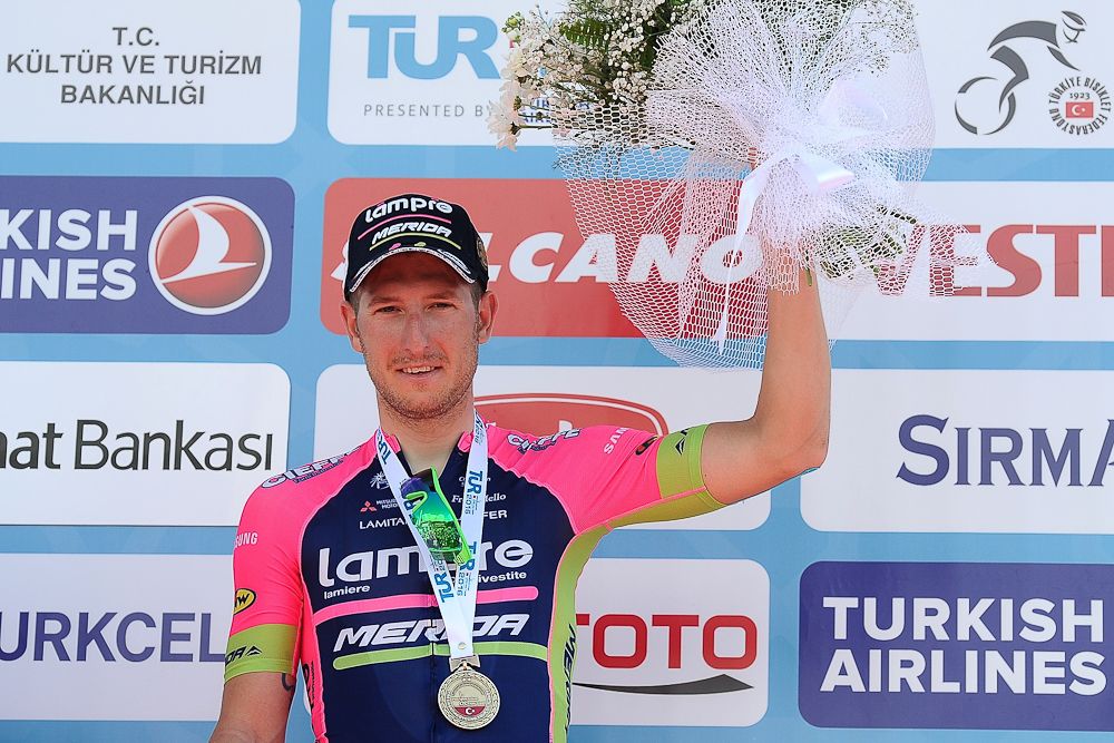 Sacha Modolo of Lampre-Merida celebrates on the podium after winning Stage 4 of the 2016 Tour of Turkey