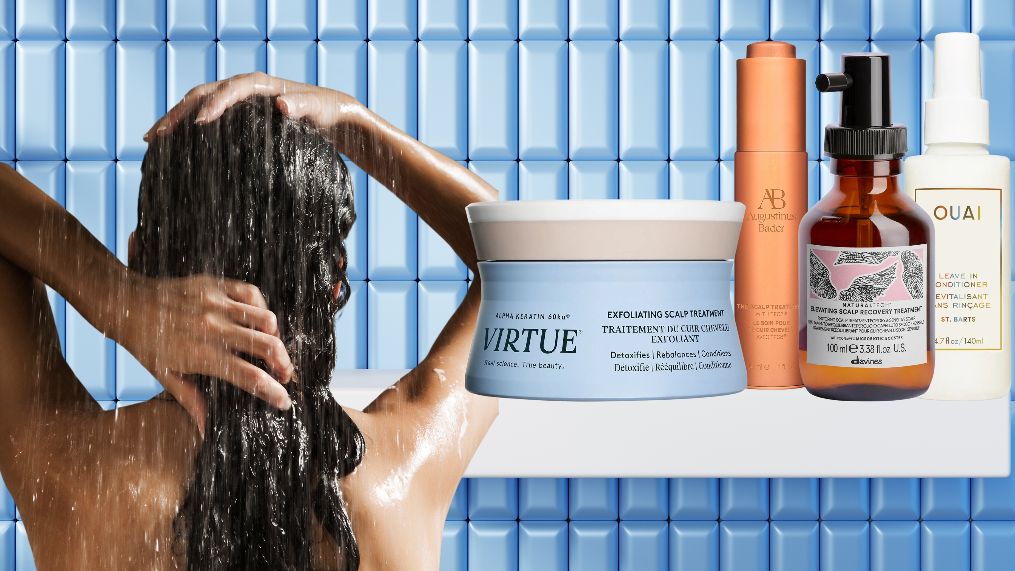 woman in the shower next to products that are good for an itchy scalp