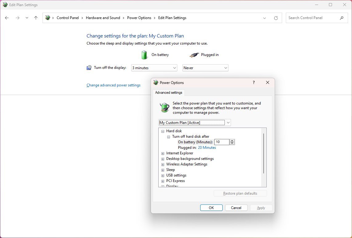 Power plan advanced settings