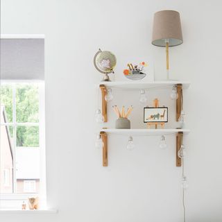 shelves on a white wall in children room