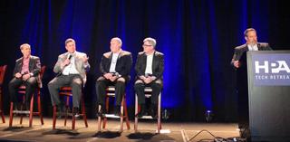 Broadcast industry representatives (L-R) Skip Pizzi, Del Parks, Dave Siegler, and Richard Friedel participated in a “road to ATSC 3.0 forum,” with  Matthew Goldman (far right) leading the discussion.