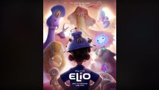 A poster of a boy wearing an electronic helmet surrounded by space aliens