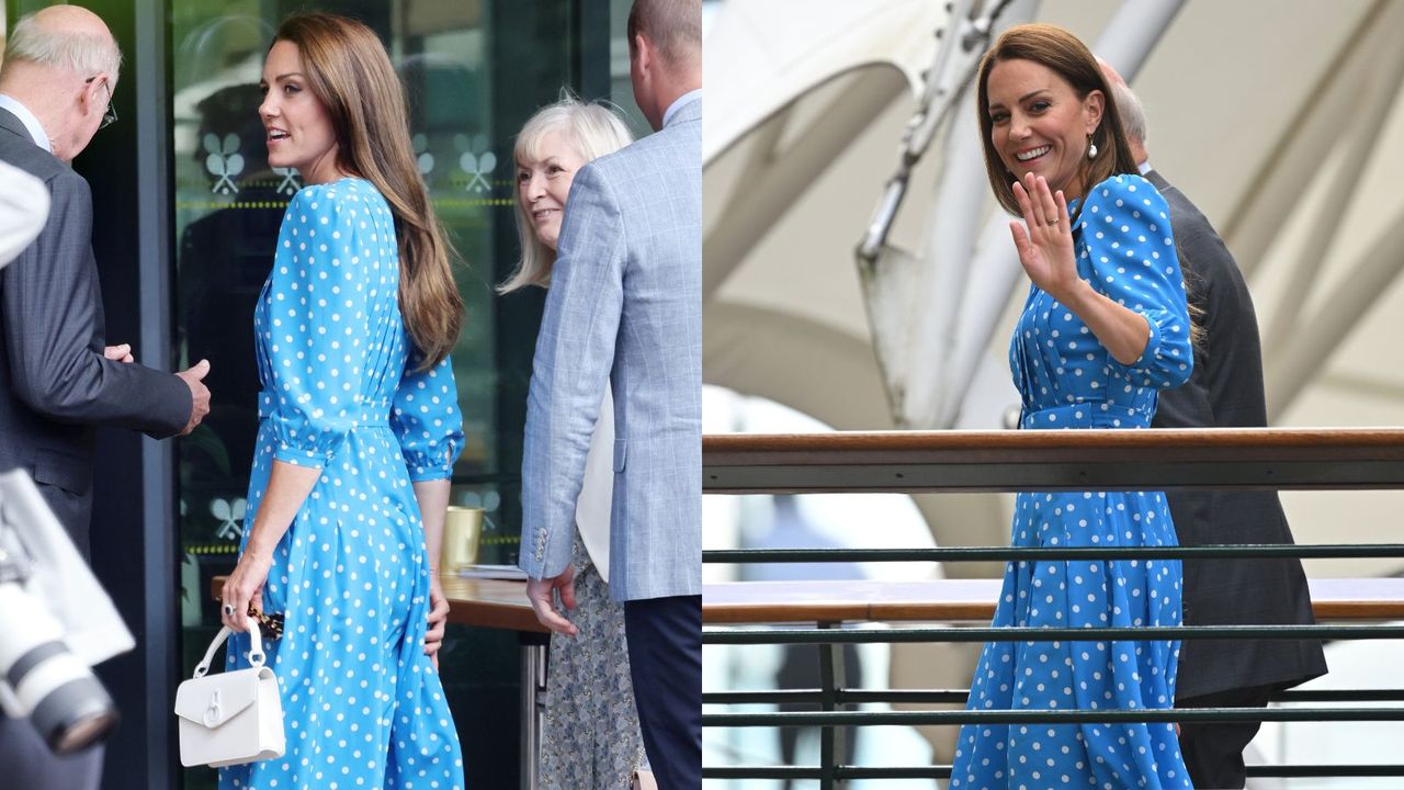 Kate Middleton wearing a blue polka dot dress at wimbledon tennis