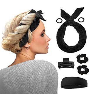 woman wearing Fitifun Heatless Hair Curler beside curler, hair bands, and clip on a white background