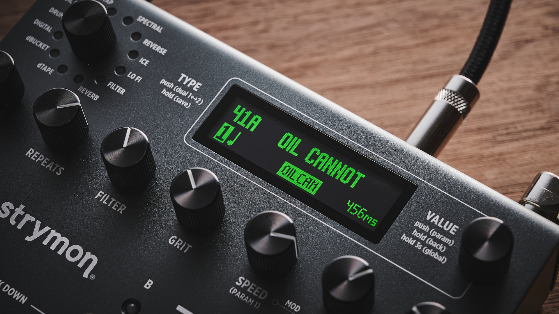 Close up of the screen on the Strymon TimeLine MX delay pedal