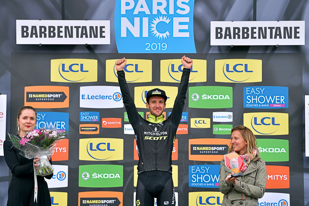 Simon Yates on the Paris-Nice podium after winning the time trial