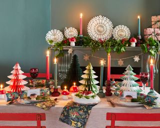 Green and red dining room with festive decorations