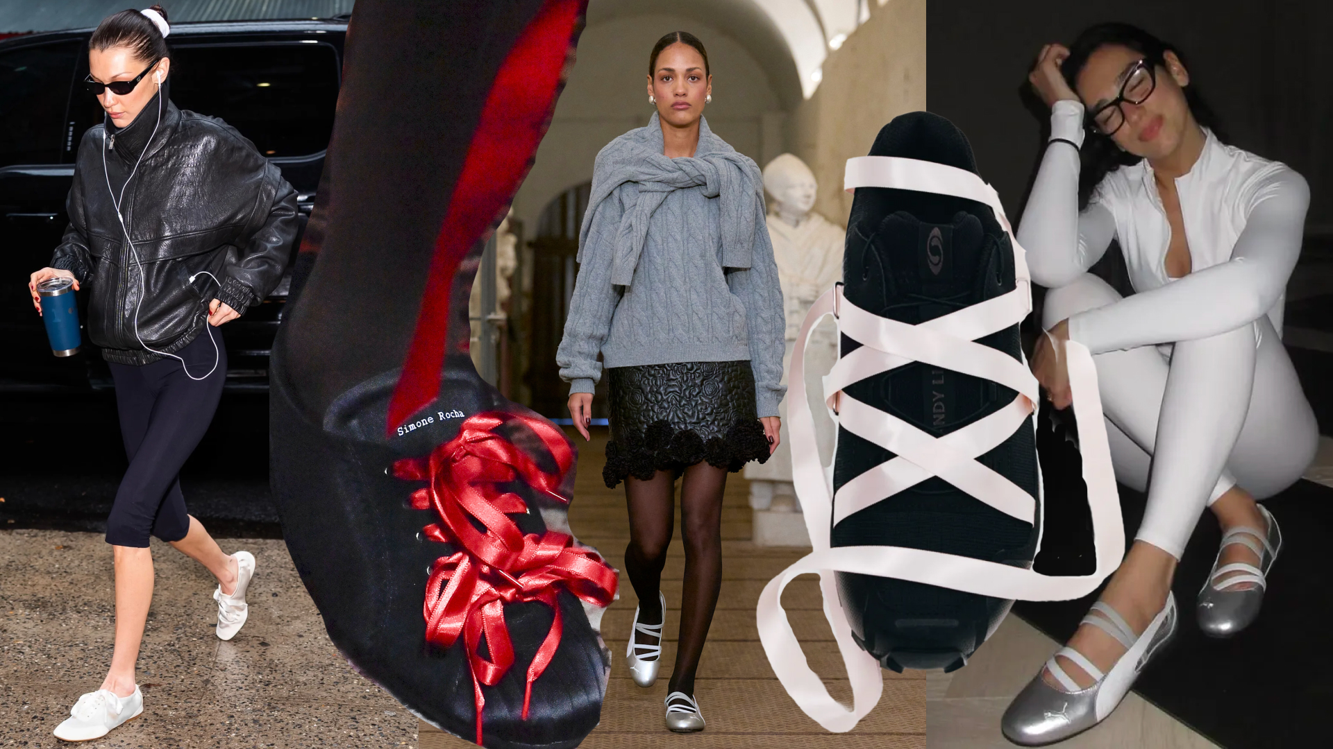 a collage of sneakers and celebrities wearing the ballet sneaker trend