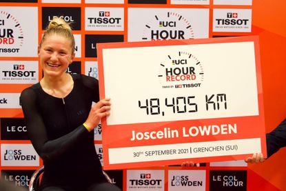Joss Lowden celebrating her new Hour Record title