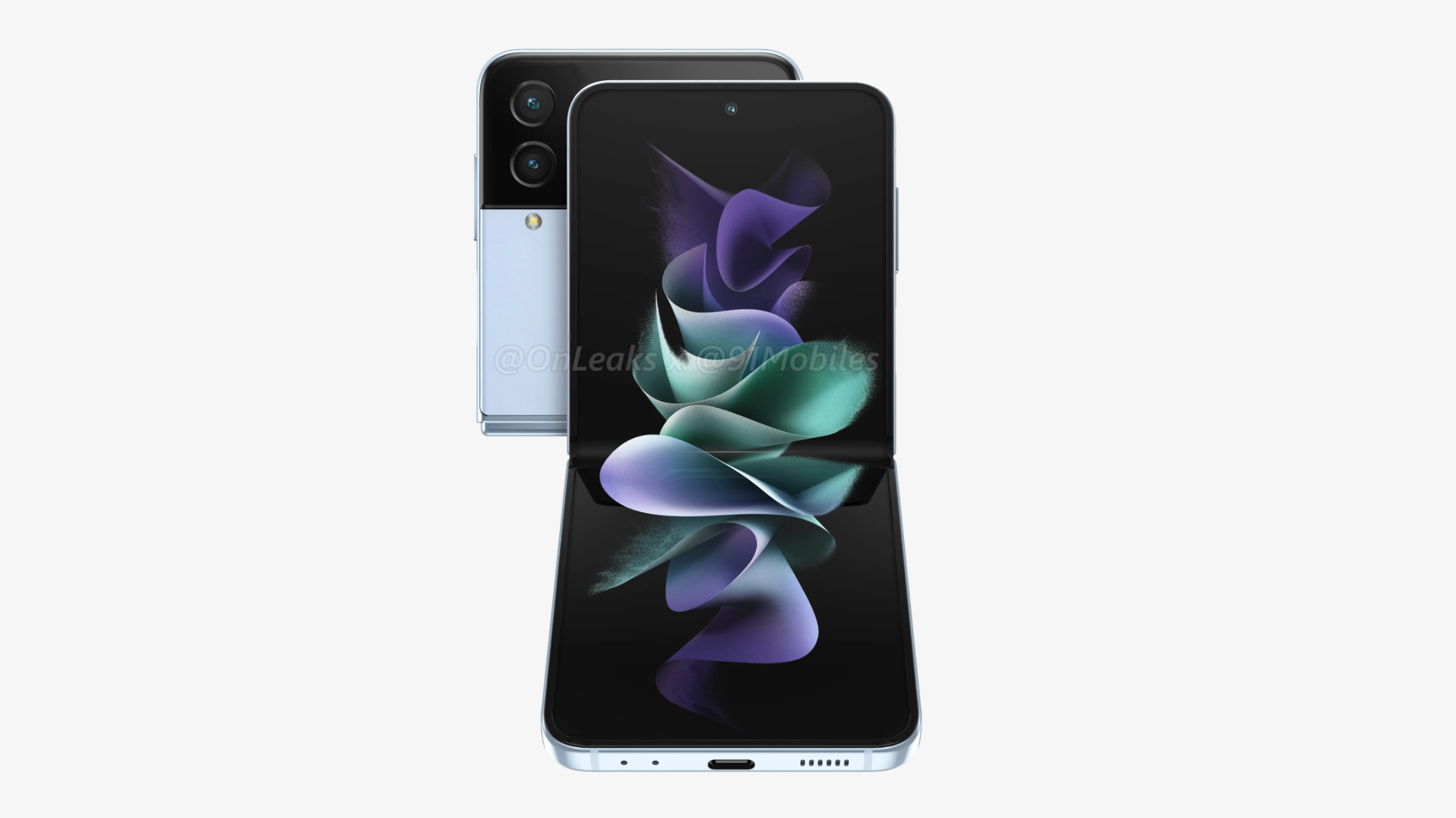 An unofficial rendering of the Samsung Galaxy Z Flip 4, with two Z Flips back to back and partially open
