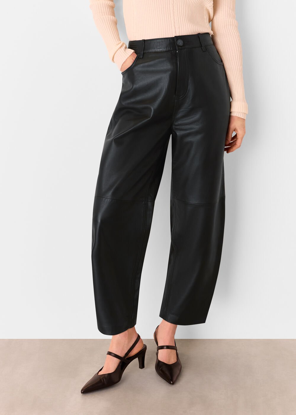 Black Leather Barrel Leg Trouser