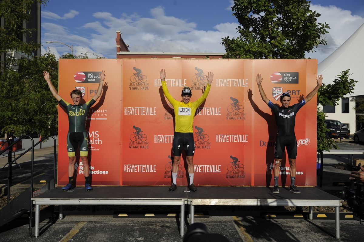 GC podium for 2021 Joe Martin Stage Race for pro men (L to R): Gage Hecht (Aevolo) second, Tyler Williams (L39ION of LA) winner, Oscar Seville (Team Medellin EPM) third