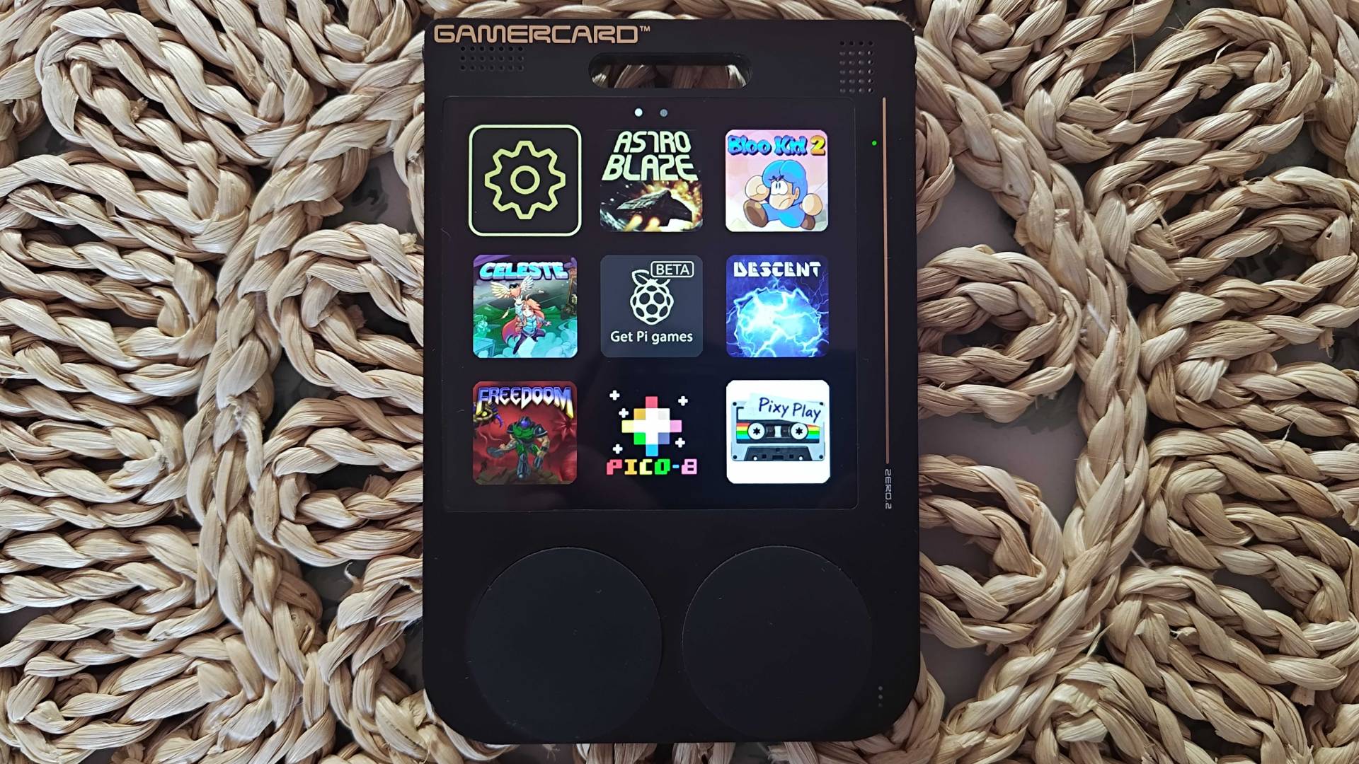 Top down view of Gamercard on wicker table cover.