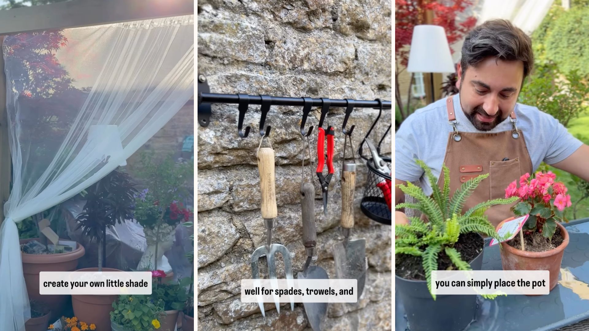 three image collage showing professional gardener Ish showcasing his IKEA garden hacks