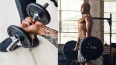 dumbbell vs barbell: pictured here, forearm of a person holding a dumbbell (left) and muscular man lifting a barbell off the floor (right)