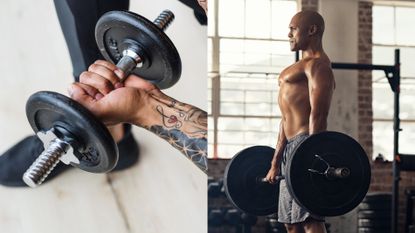 dumbbell vs barbell: pictured here, forearm of a person holding a dumbbell (left) and muscular man lifting a barbell off the floor (right)