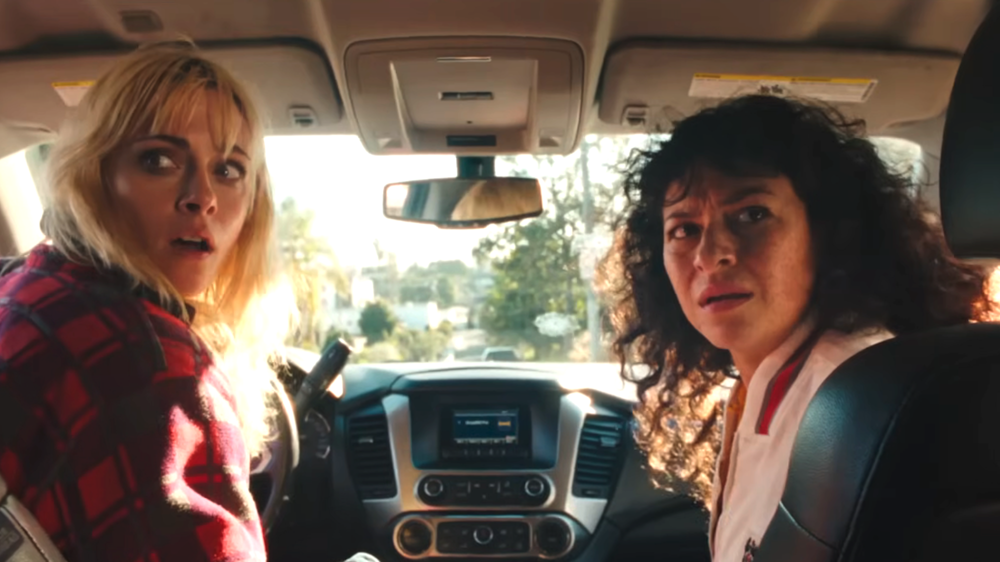 Kristen Stewart and Alia Shawkat looking back while in a car in The Wrong Girls