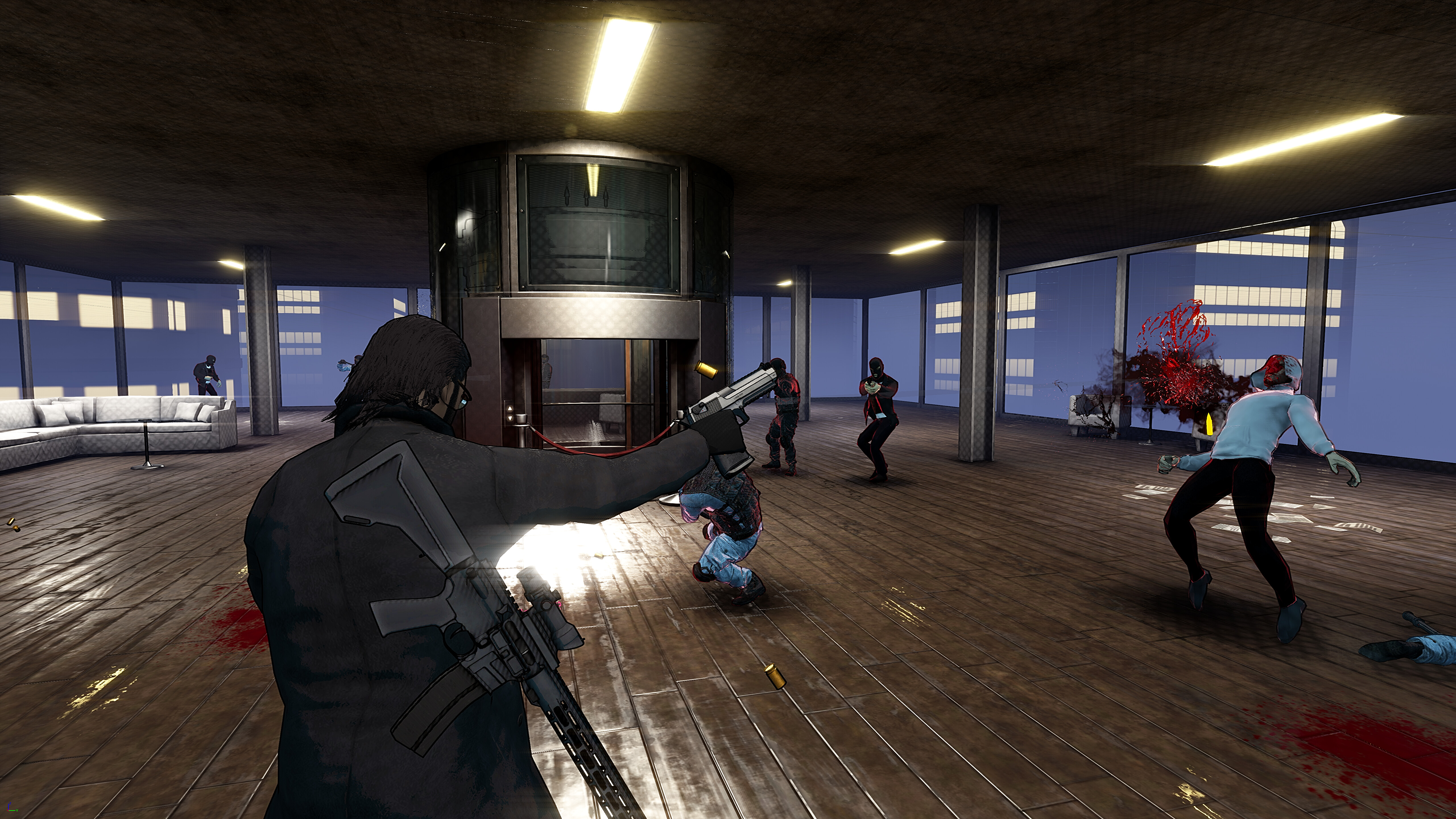 Suit for Hire gameplay showing the protagonist shooting a room-full of people in a skyscraper from an over-the-shoulder perspective
