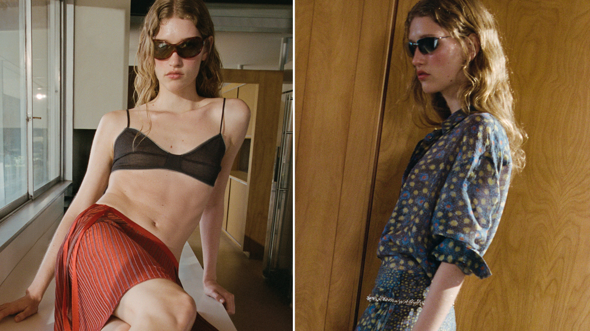 A model poses for summer's Mango x Eckhaus Latta collaboration 