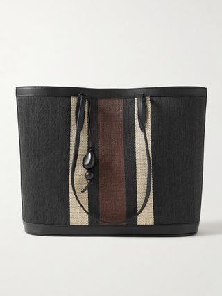 Embellished Leather-Trimmed Striped Straw Tote