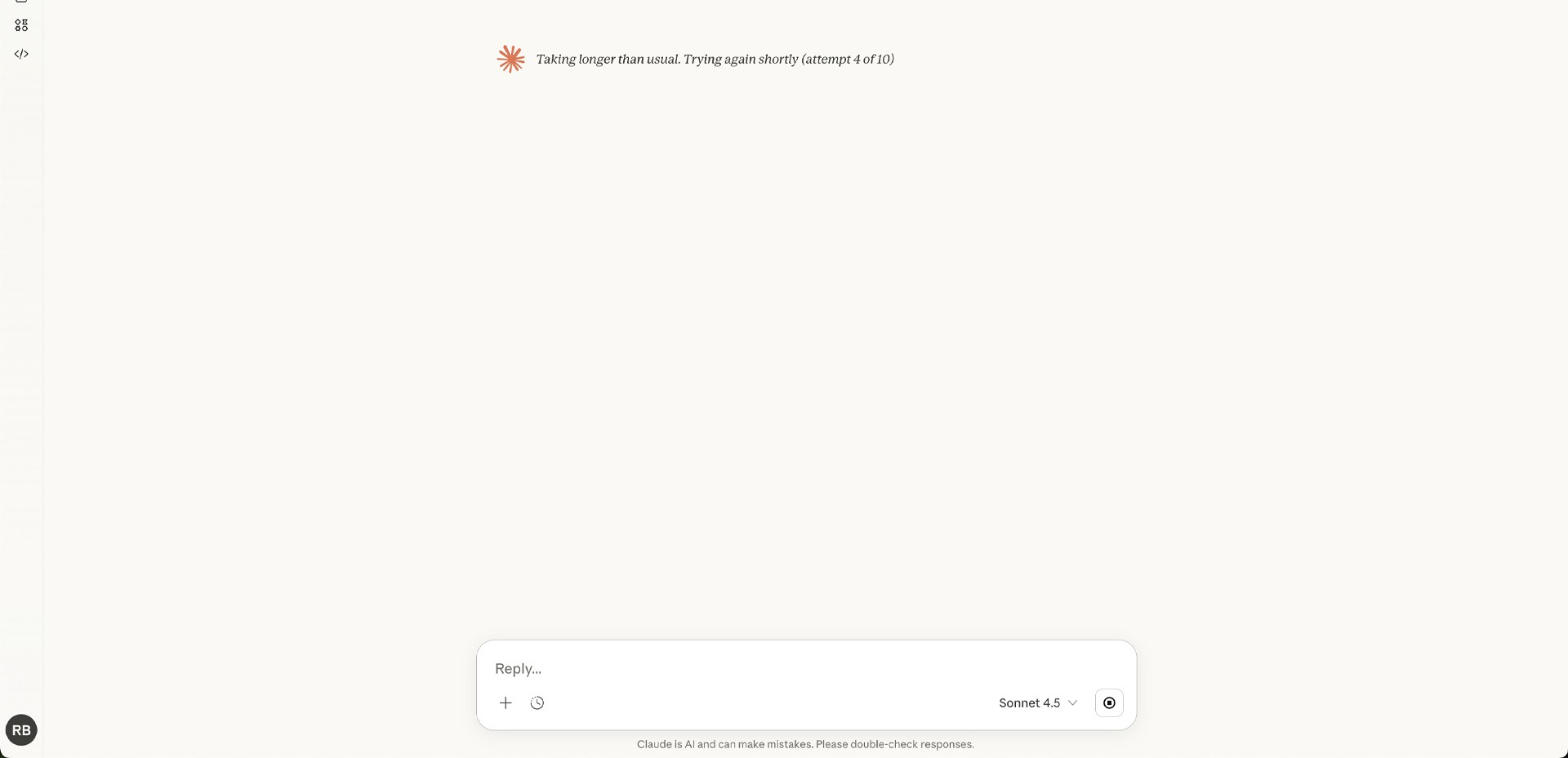 Outage advisory message on Claude AI chatbot.
