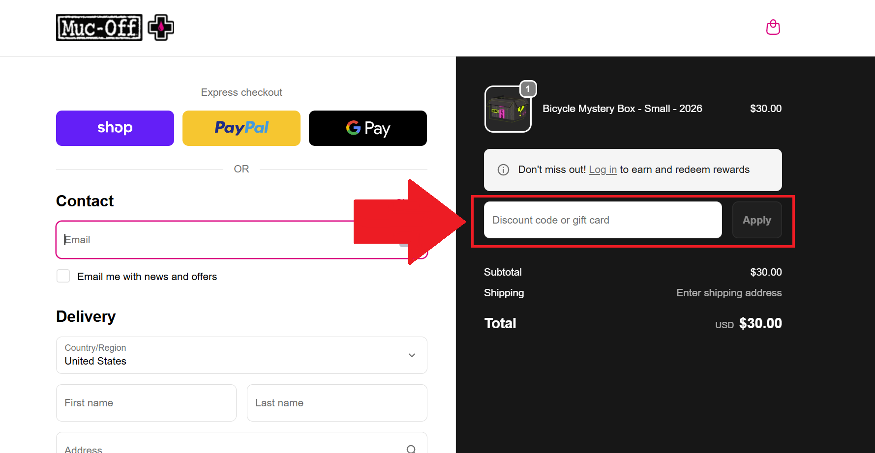 A screenshot of the muc off checkout page showing where to enter a muc off promo code