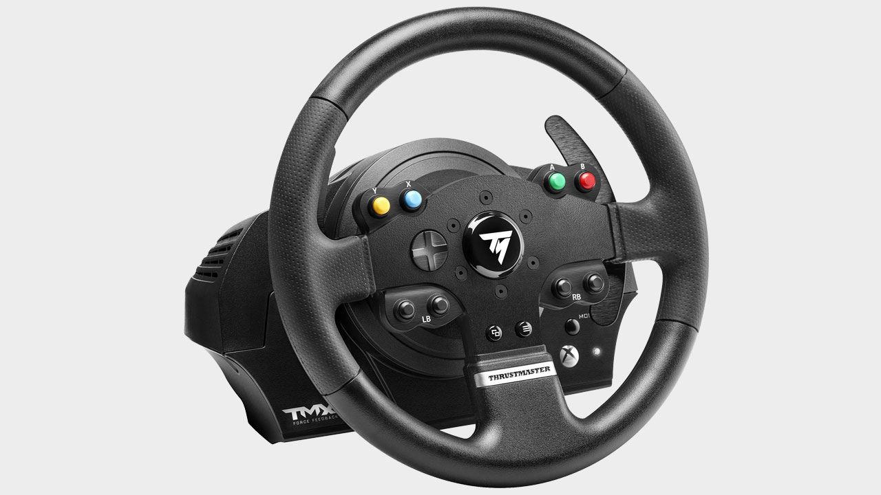 Thrustmaster TMX Force Feedback Racing Wheel from the front with a grey background