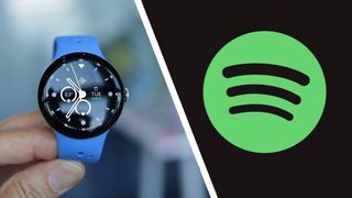 Google Pixel watch 4 next to the Spotify logo