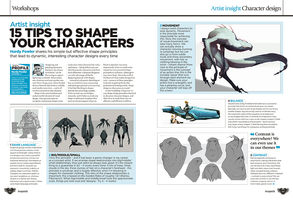 Double-page spread of a workshop from ImagineFX 242 with the heading '15 tips to shape your characters',  selection of concepts of ships and figures by the artist Hardy Fowler.