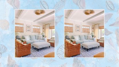 Two pictures of a coastal grandmother interior, on a shell patterned background