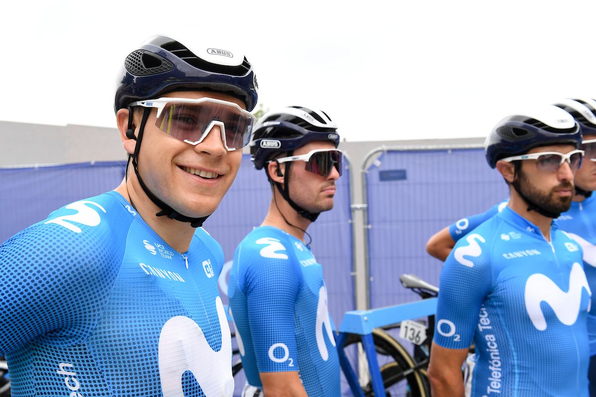 Picture by SWpix.com - 09/09/2021 - Cycling - AJ Bell Tour of Britain Stage 5 - Alderley Park to Warrington, England - Movistar Team riders before the start