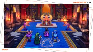 A screenshot from Dragon Quest 3 HD-2D Remake, showing the protagonist and party facing a figure on a throne.